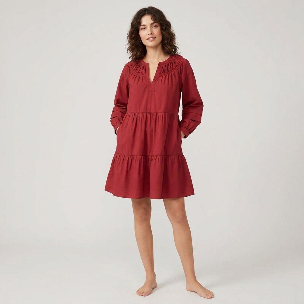LOFT Womens Small Red Tiered Long Sleeve V-Neck Babydoll Mini Dress Size S